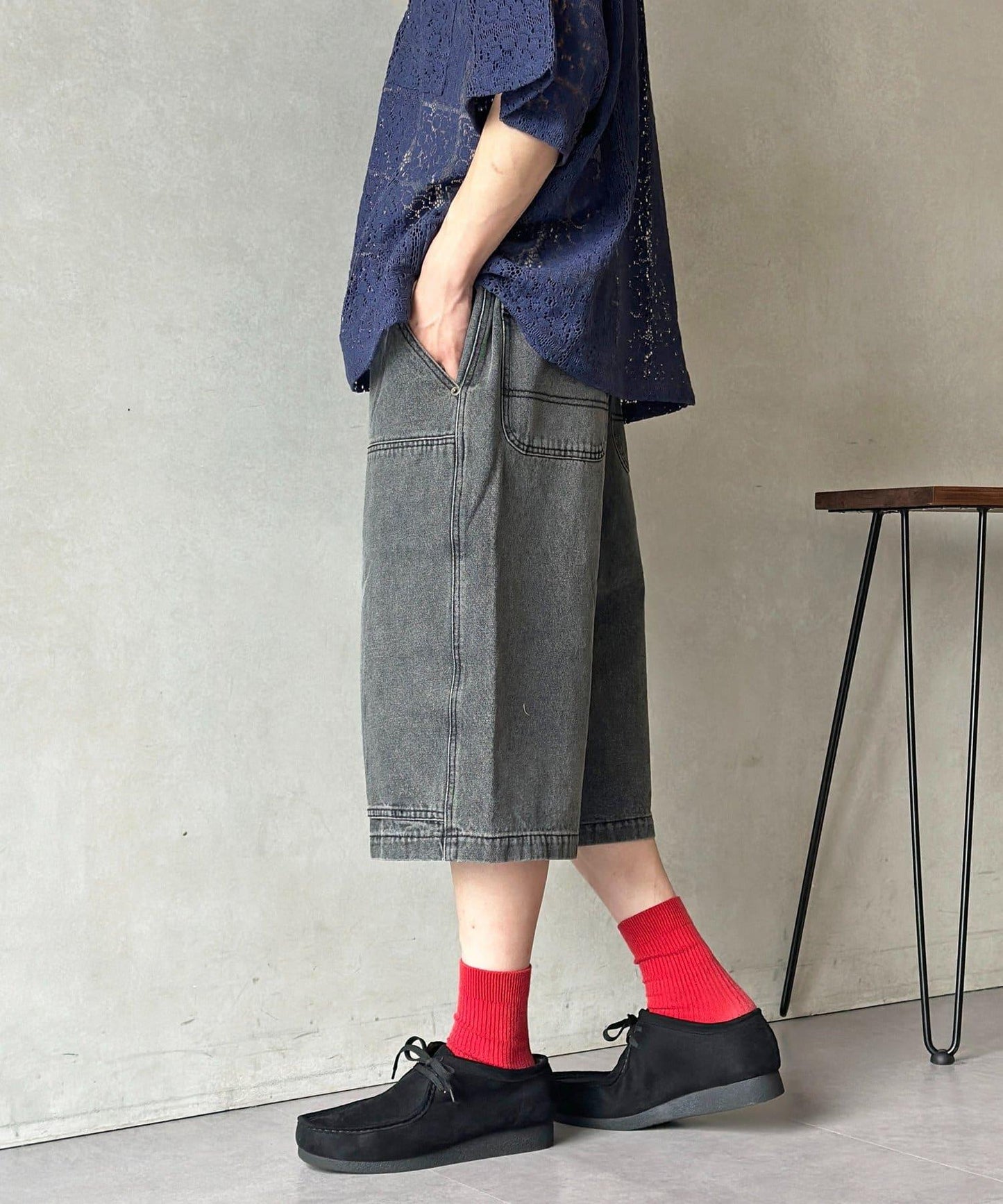 雙膝設計 denim Quarter 褲