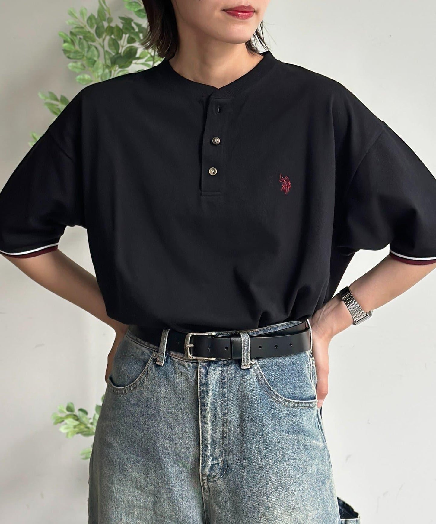U.S. POLO ASSN. 配色羅紋珠地亨利領上衣