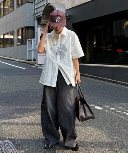 UNISEX 拼色圖案印花襯衫