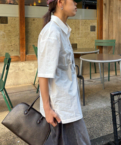 UNISEX 拼色圖案印花襯衫