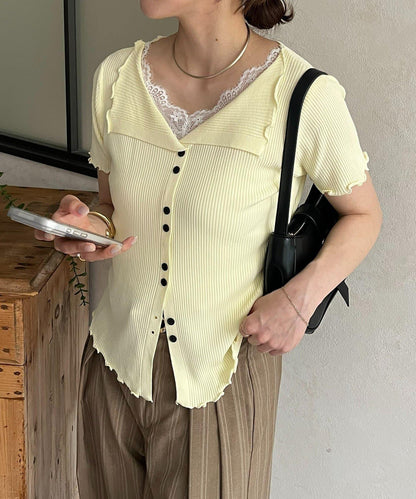 蕾絲領拼接 半袖針織開衫