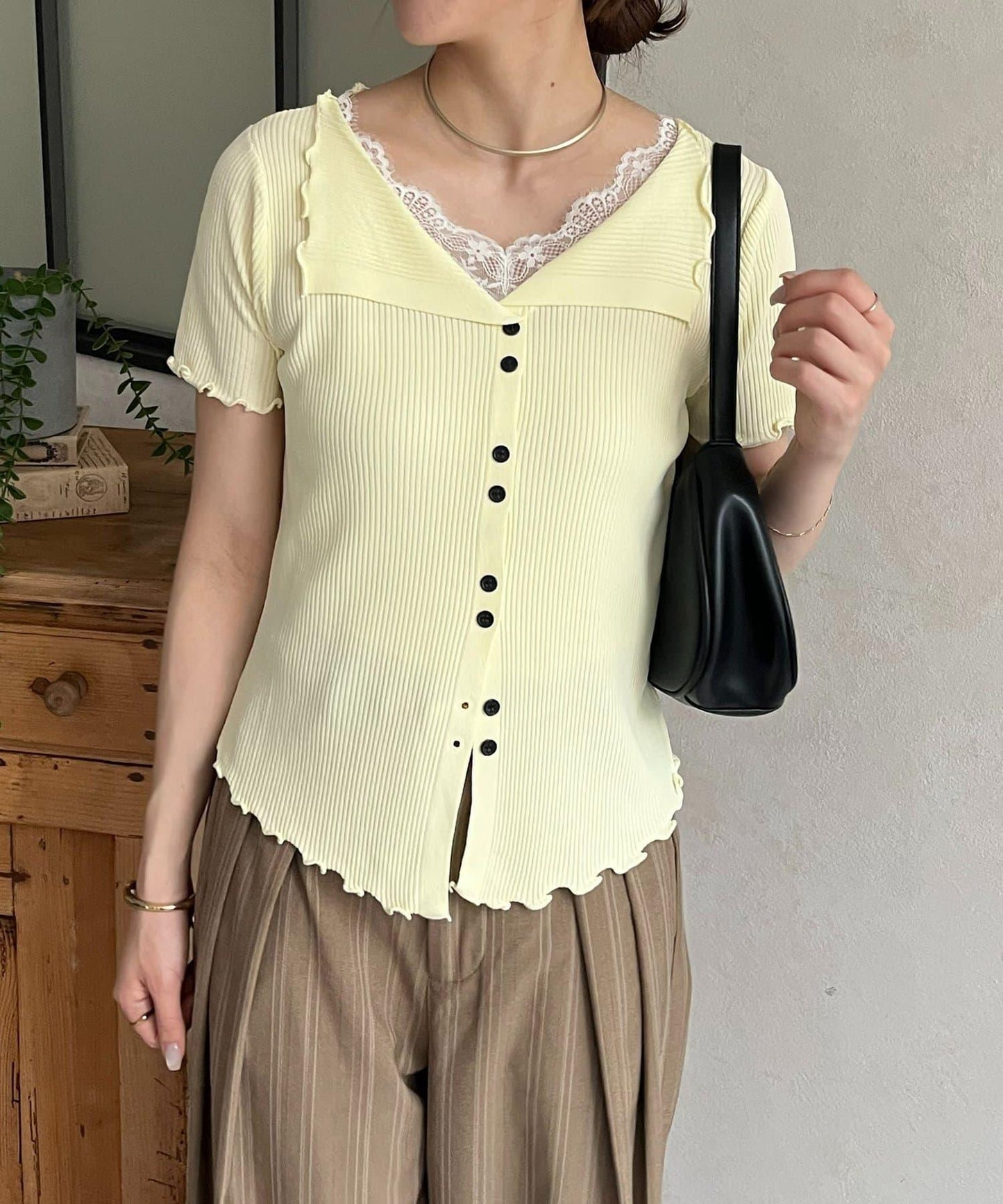 蕾絲領拼接 半袖針織開衫