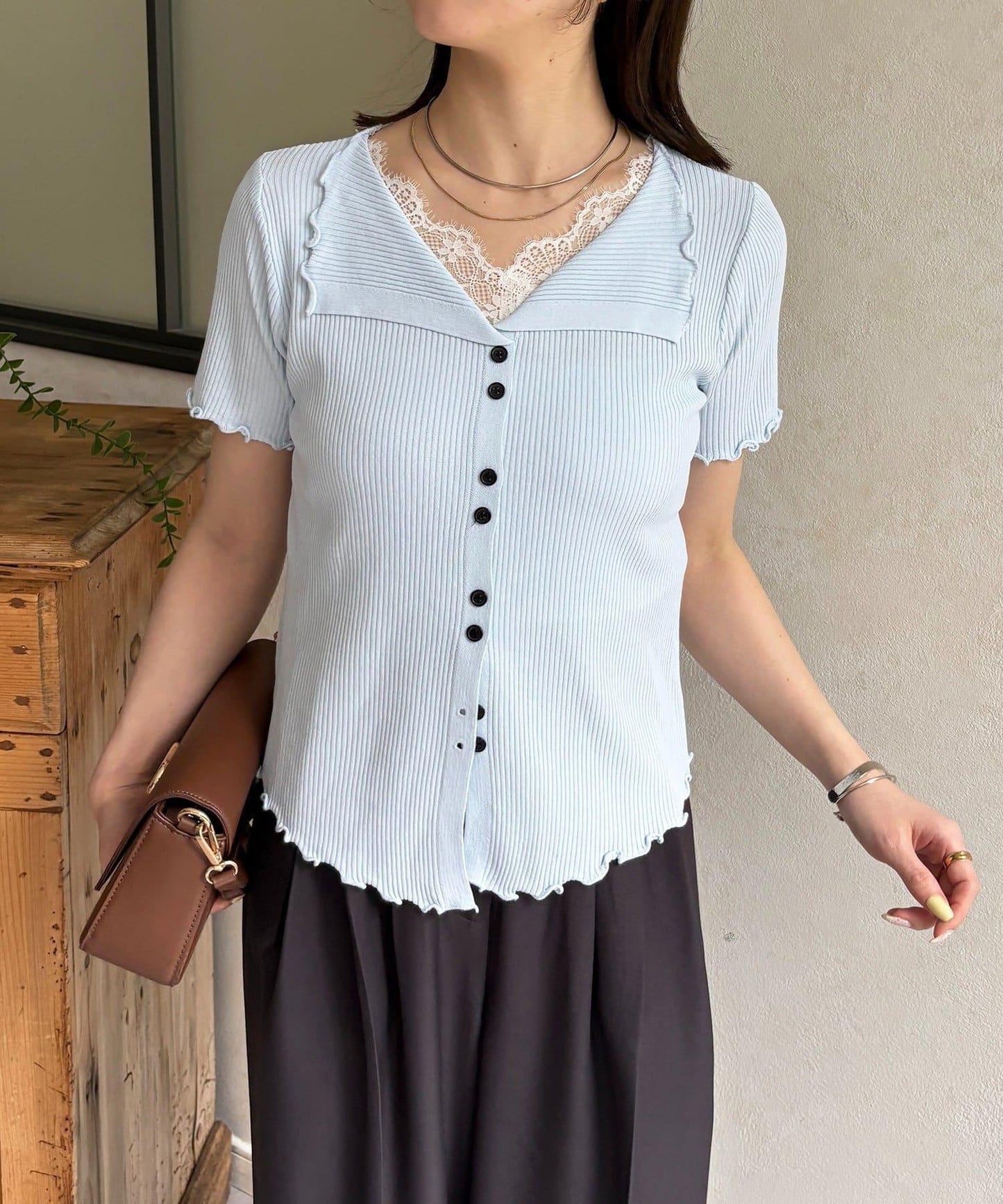 蕾絲領拼接 半袖針織開衫