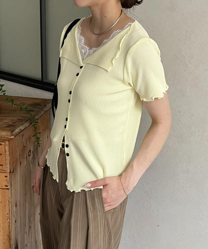 蕾絲領拼接 半袖針織開衫