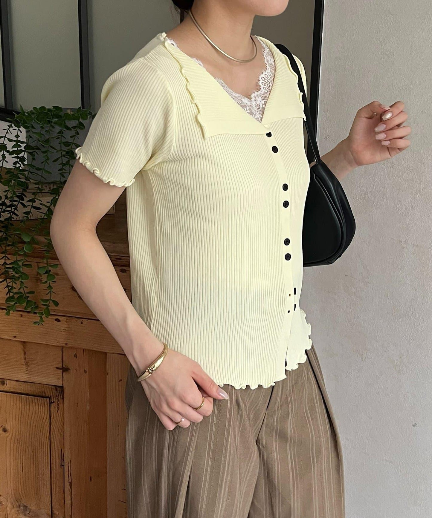 蕾絲領拼接 半袖針織開衫