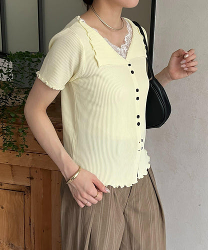 蕾絲領拼接 半袖針織開衫