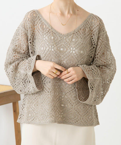 亞麻刺繡蕾絲針織上衣
