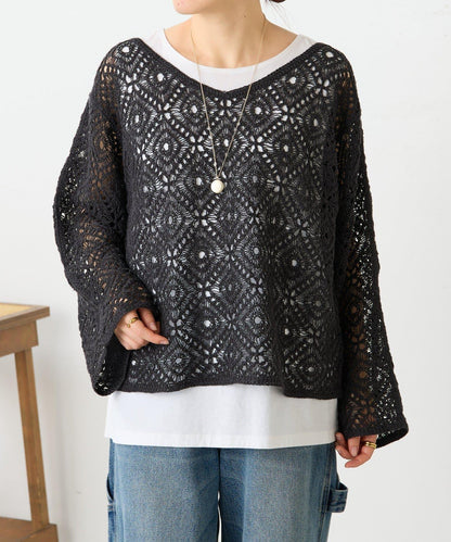 亞麻刺繡蕾絲針織上衣