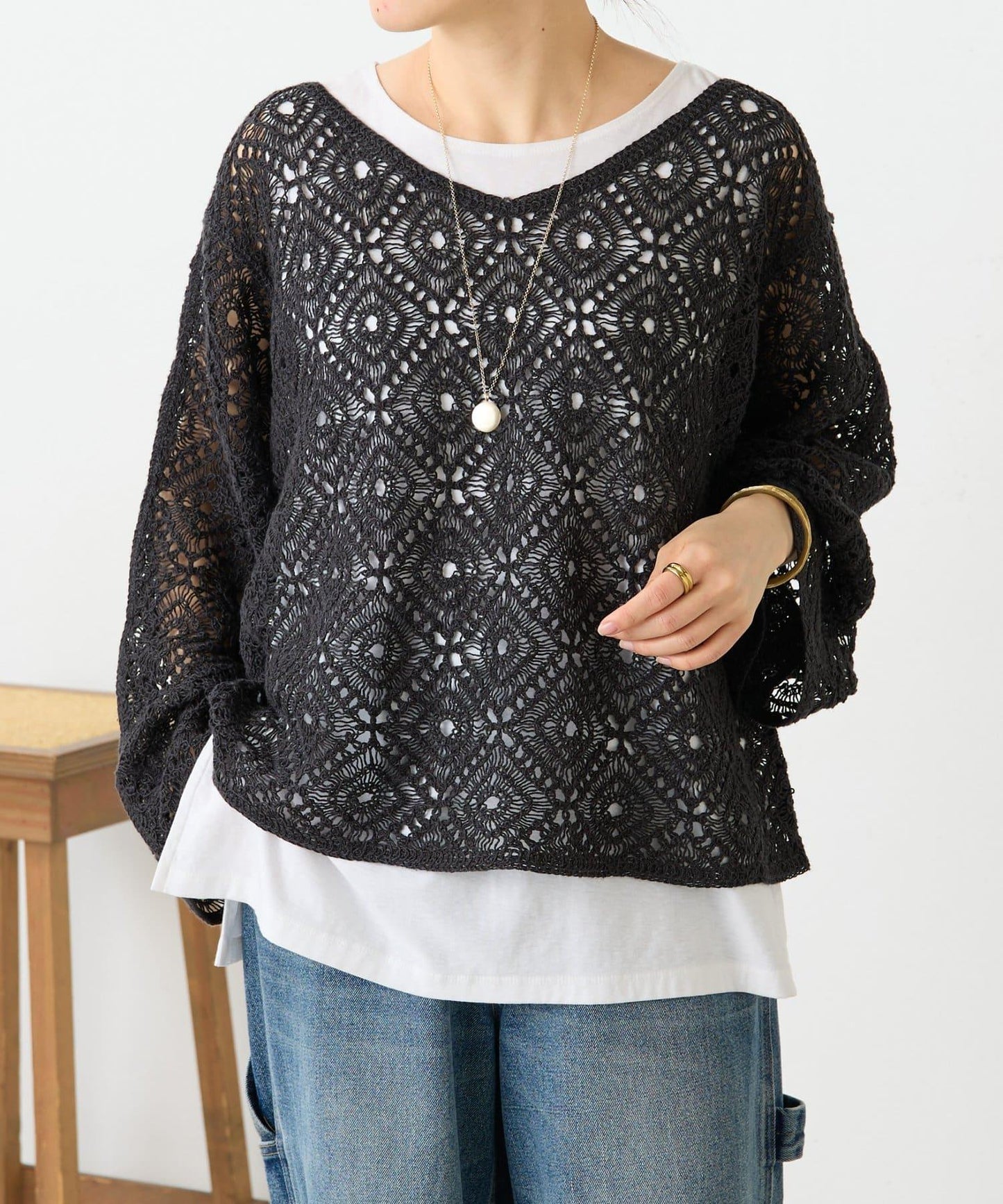 亞麻刺繡蕾絲針織上衣
