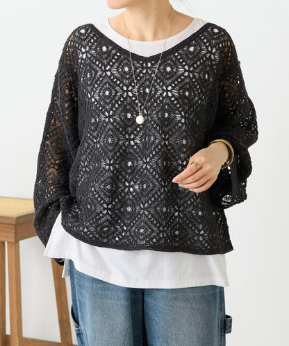 亞麻刺繡蕾絲針織上衣