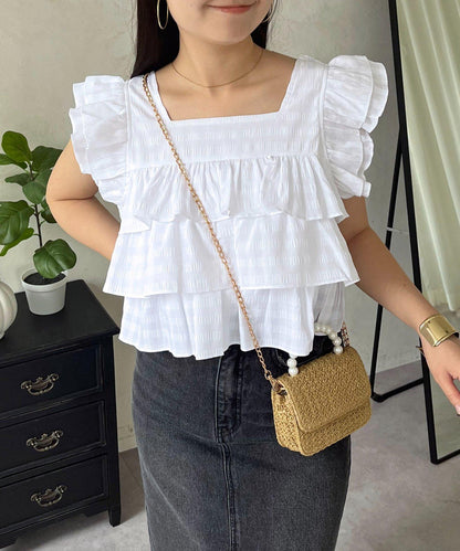 方領 層疊荷葉邊 格紋 女襯衫