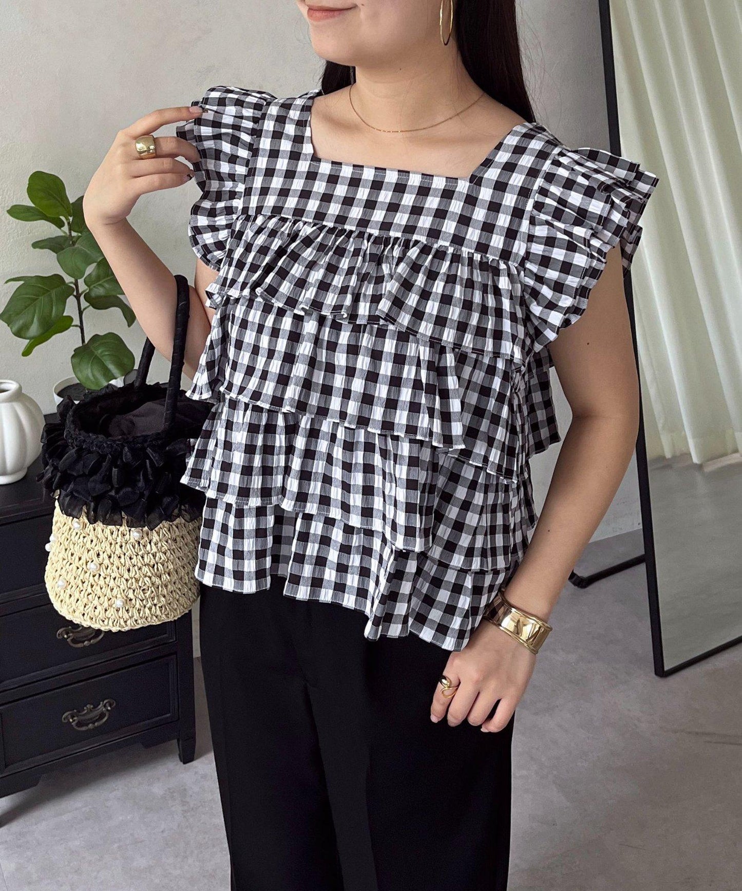 方領 層疊荷葉邊 格紋 女襯衫