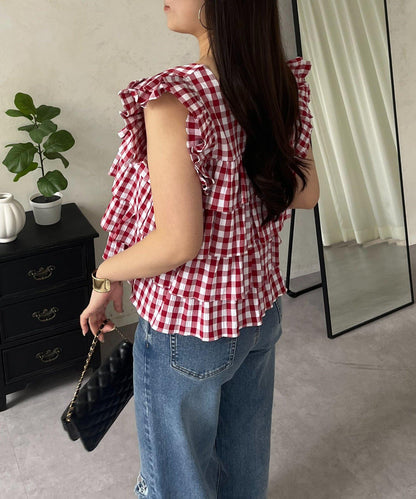 方領 層疊荷葉邊 格紋 女襯衫
