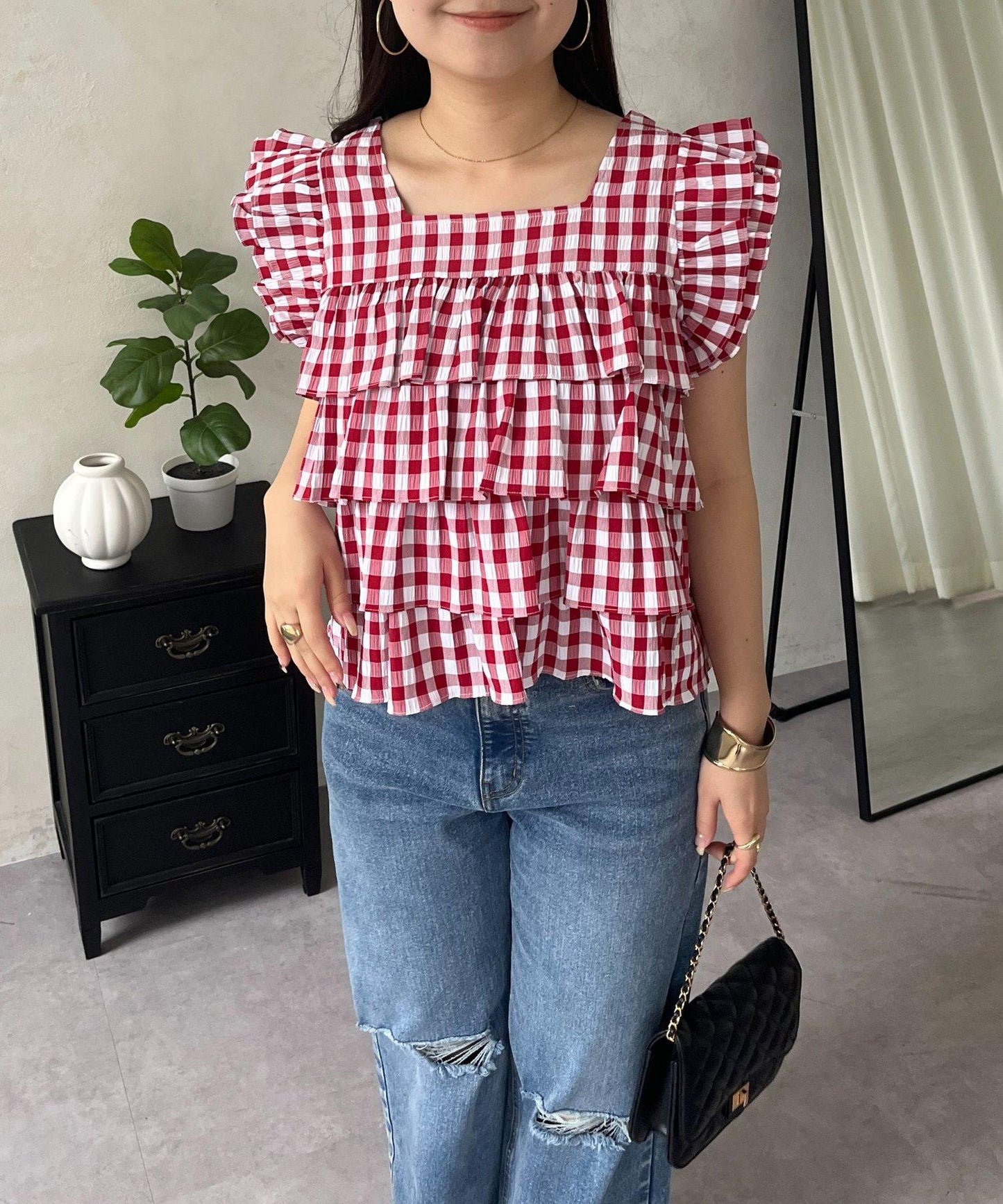 方領 層疊荷葉邊 格紋 女襯衫