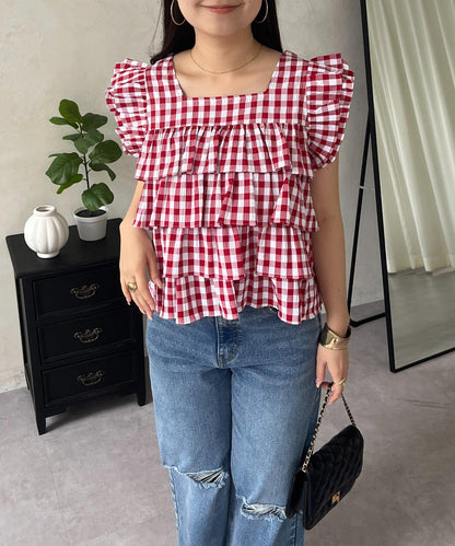 方領 層疊荷葉邊 格紋 女襯衫