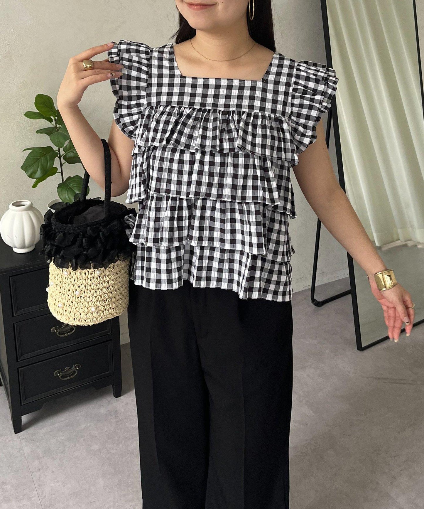 方領 層疊荷葉邊 格紋 女襯衫
