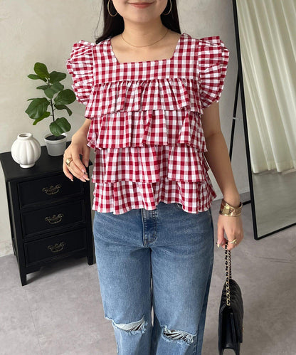 方領 層疊荷葉邊 格紋 女襯衫
