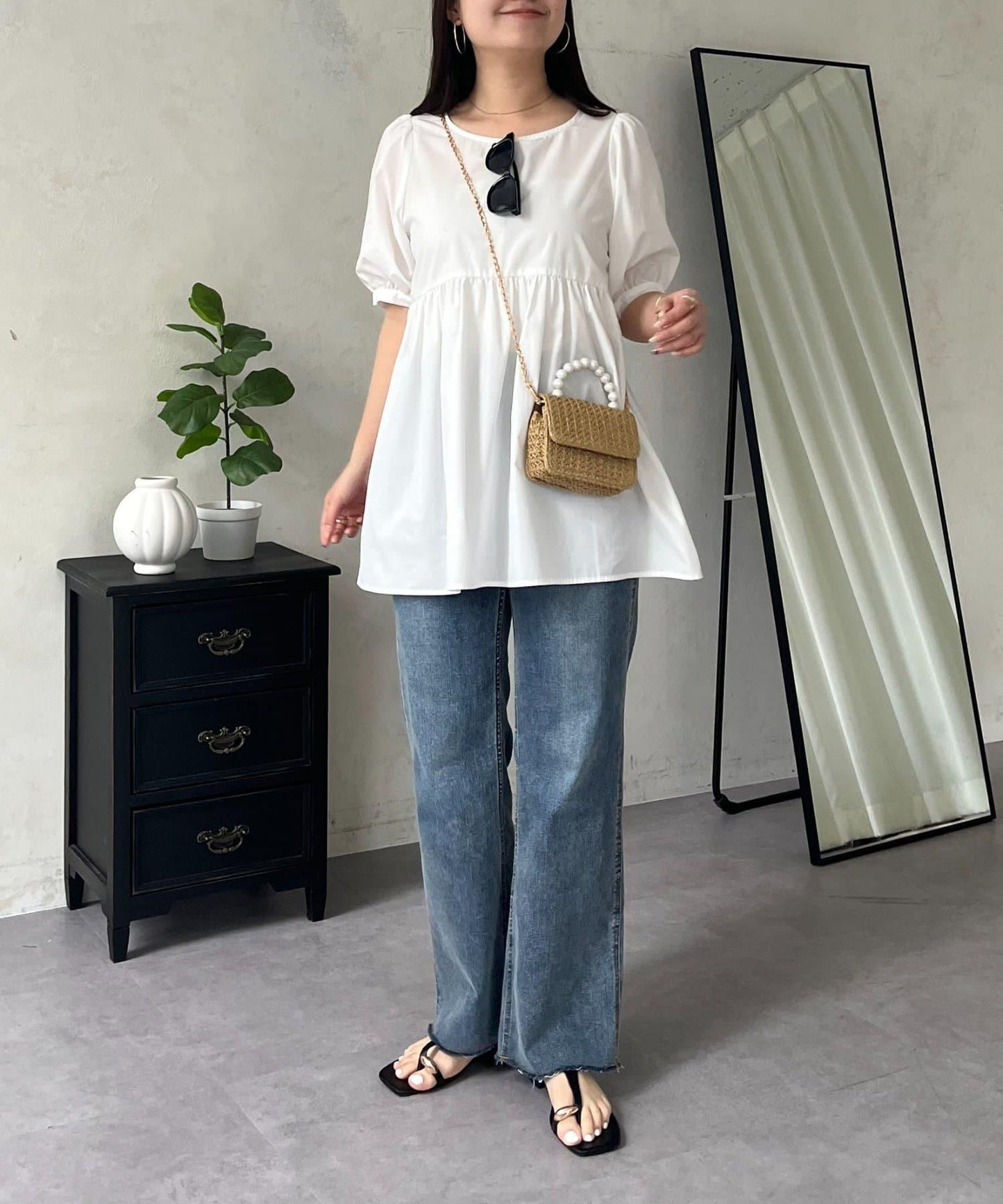牛仔束身上衣×荷葉下襬襯衫 套裝