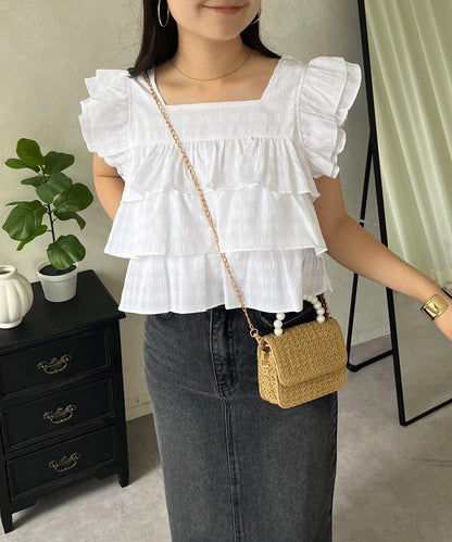 方領 層疊荷葉邊 格紋 女襯衫