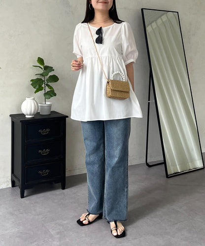 牛仔束身上衣×荷葉下襬襯衫 套裝