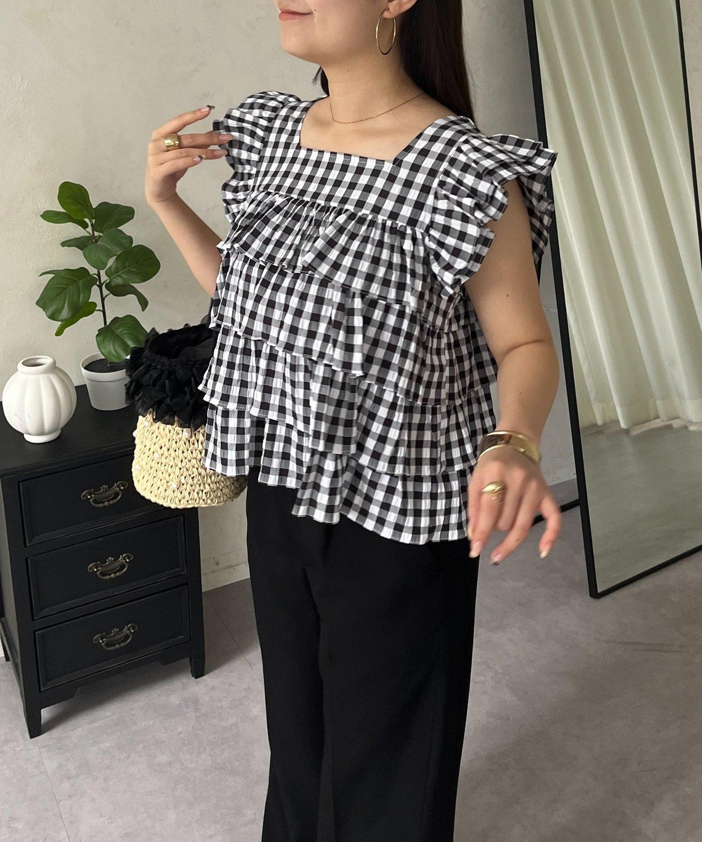 方領 層疊荷葉邊 格紋 女襯衫