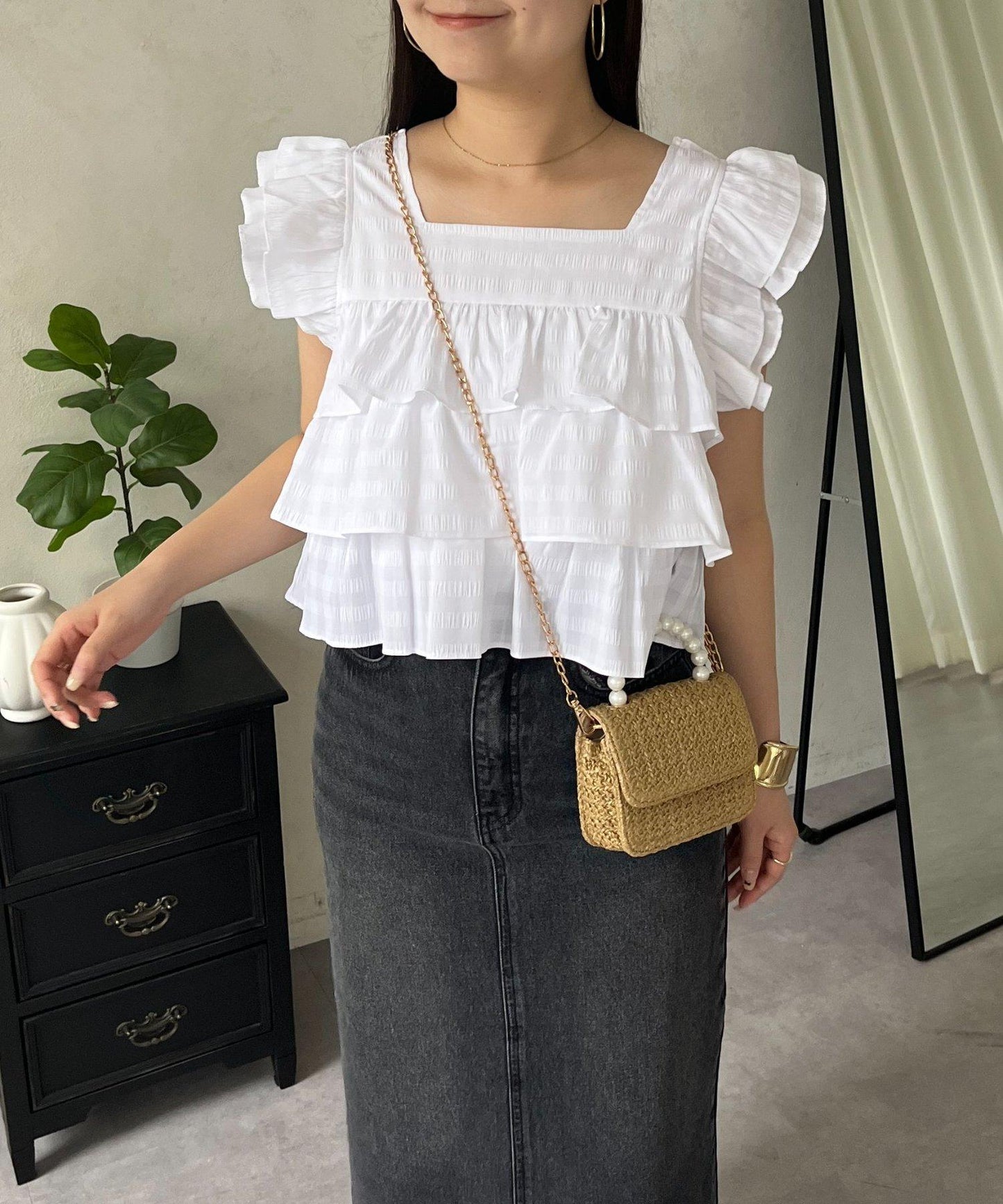 方領 層疊荷葉邊 格紋 女襯衫