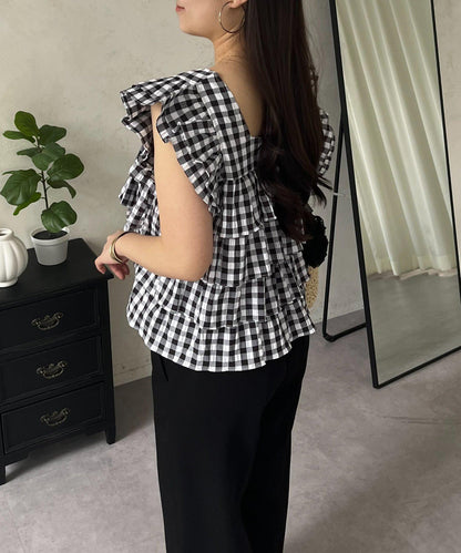 方領 層疊荷葉邊 格紋 女襯衫