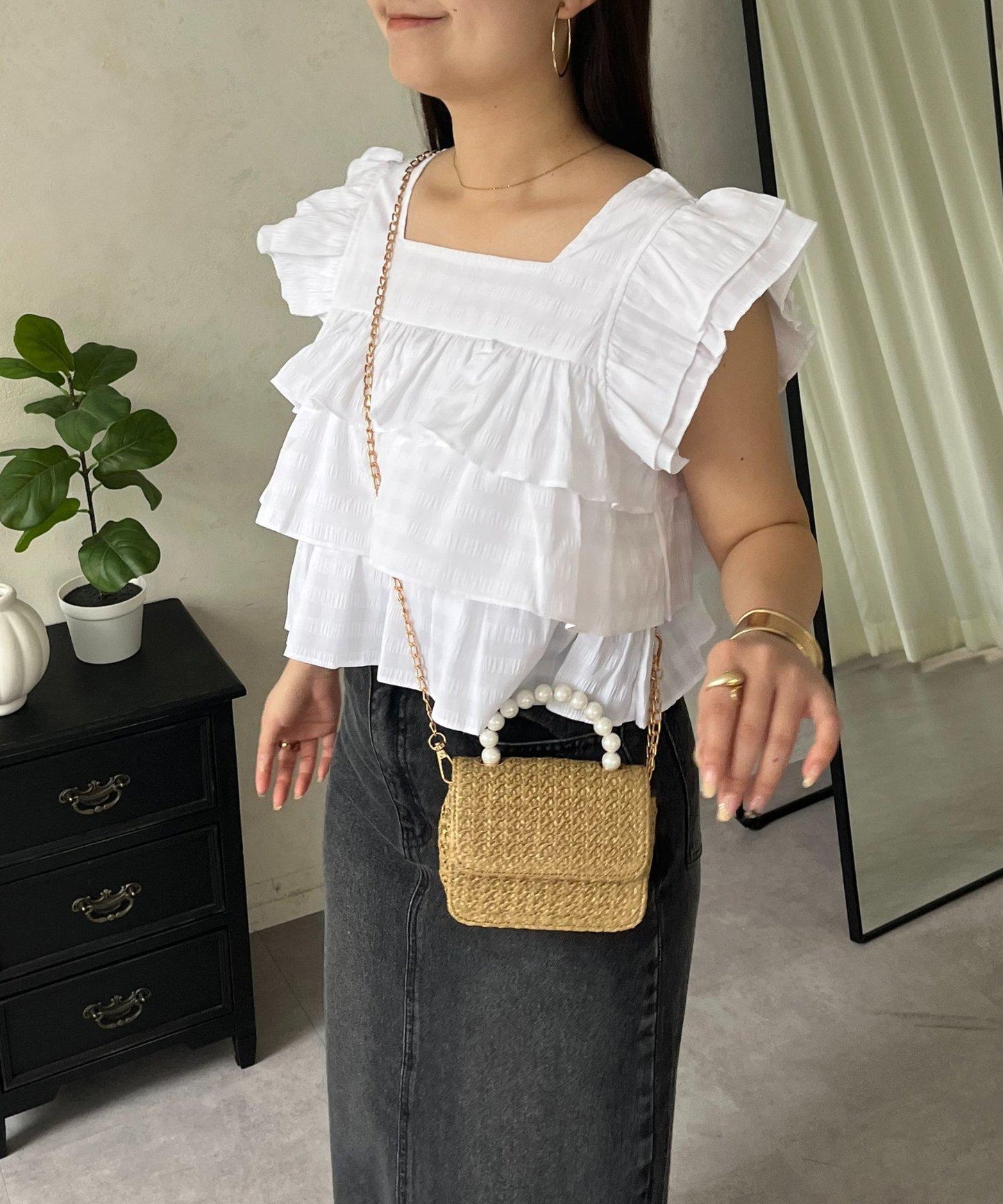 方領 層疊荷葉邊 格紋 女襯衫