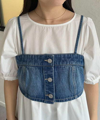 牛仔束身上衣×荷葉下襬襯衫 套裝
