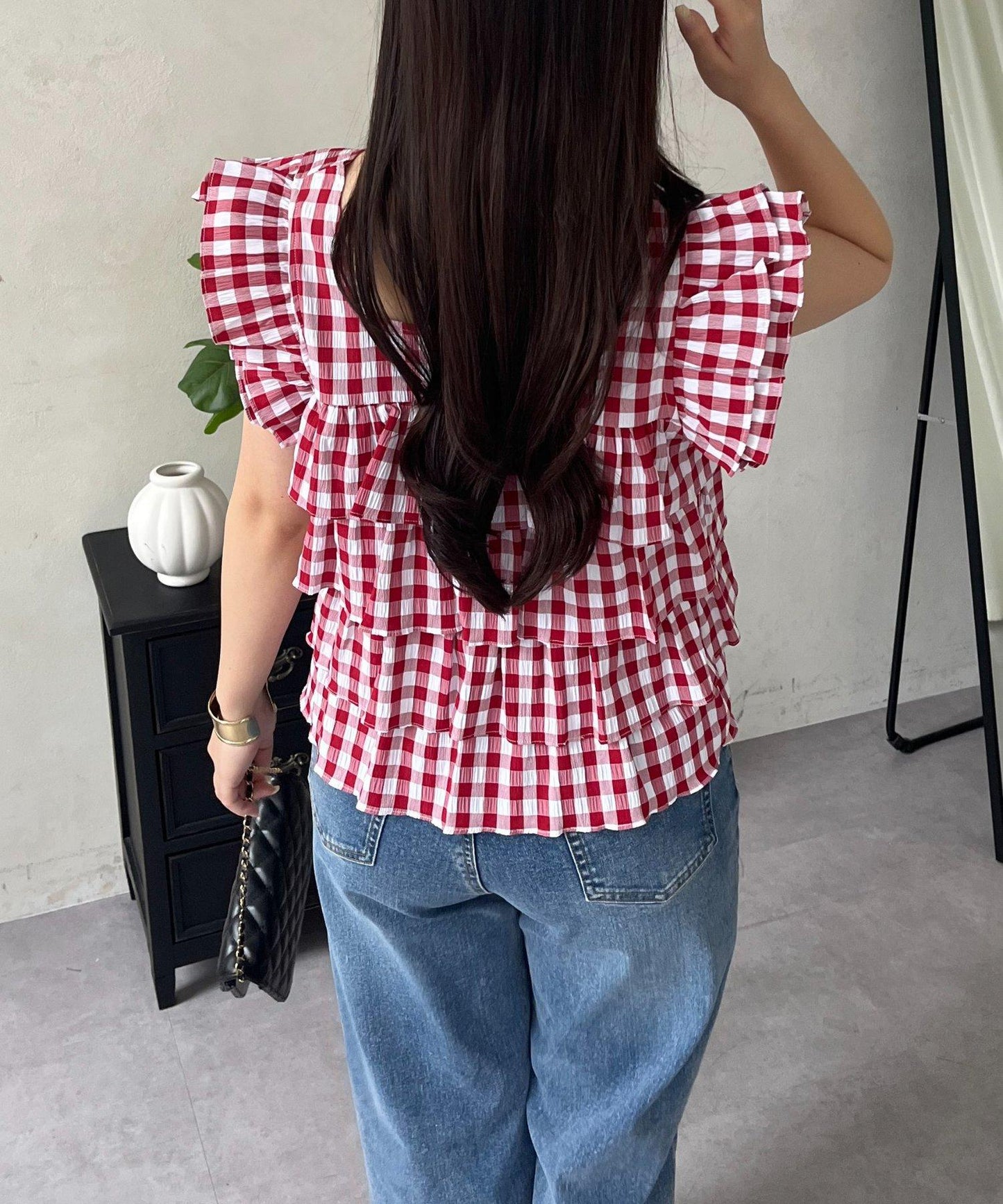 方領 層疊荷葉邊 格紋 女襯衫