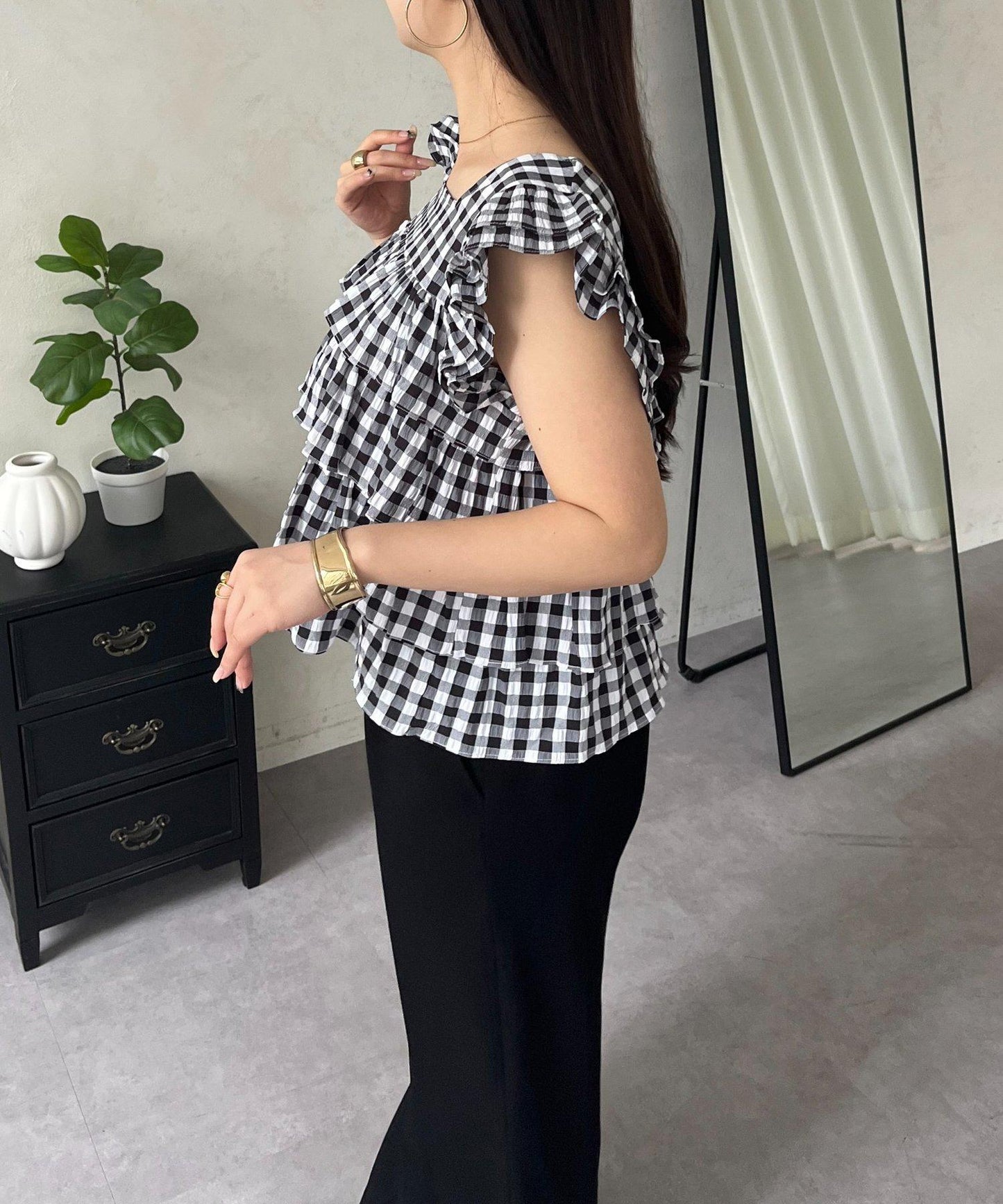 方領 層疊荷葉邊 格紋 女襯衫