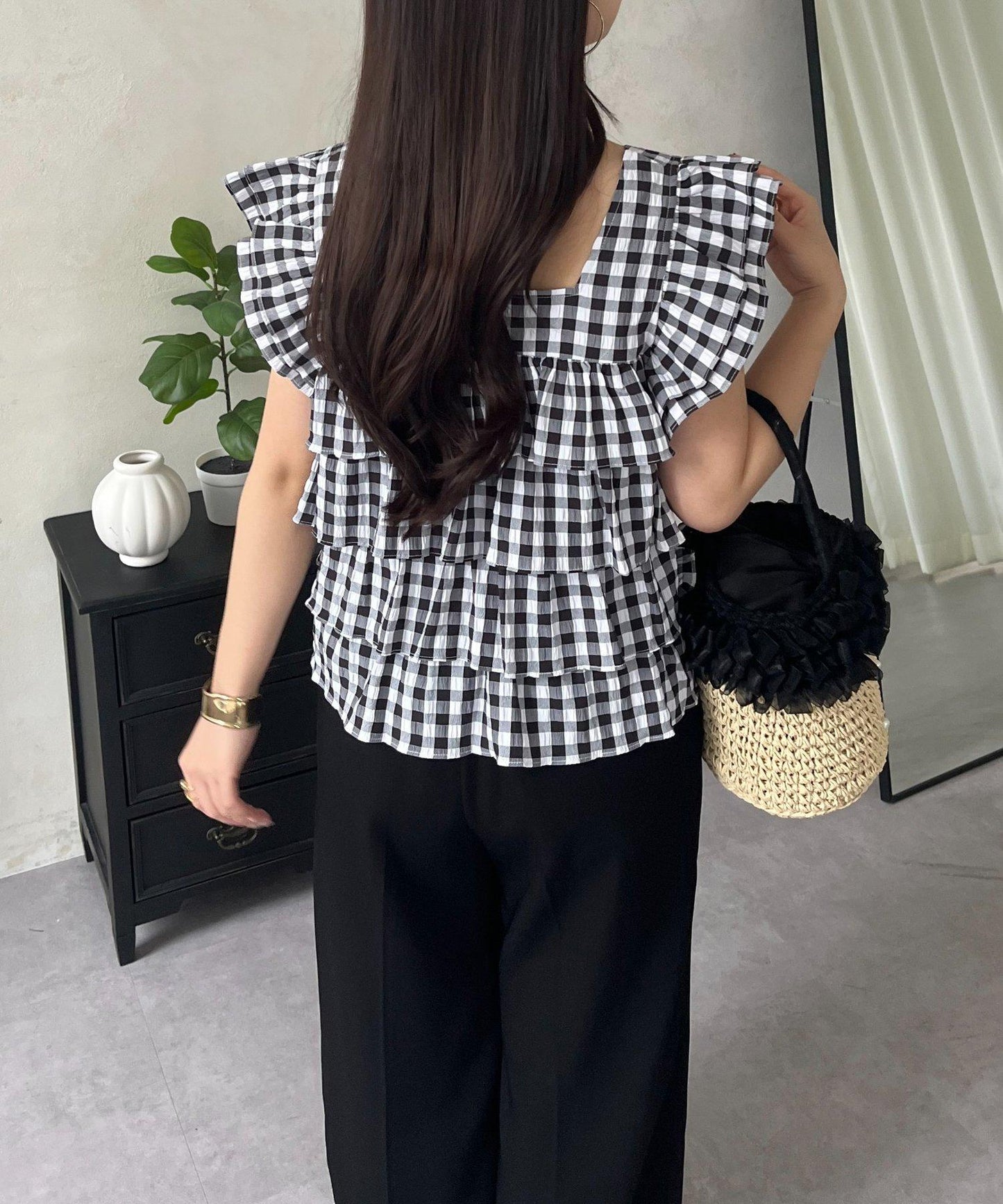 方領 層疊荷葉邊 格紋 女襯衫