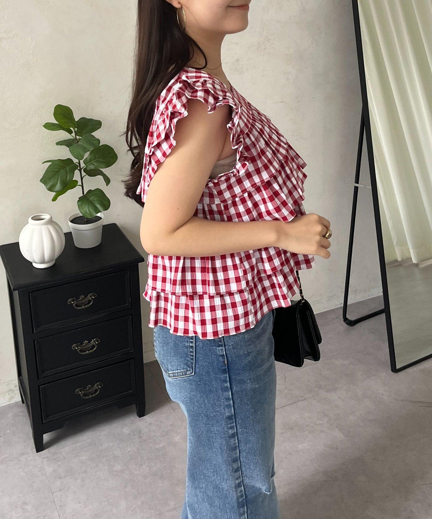 方領 層疊荷葉邊 格紋 女襯衫