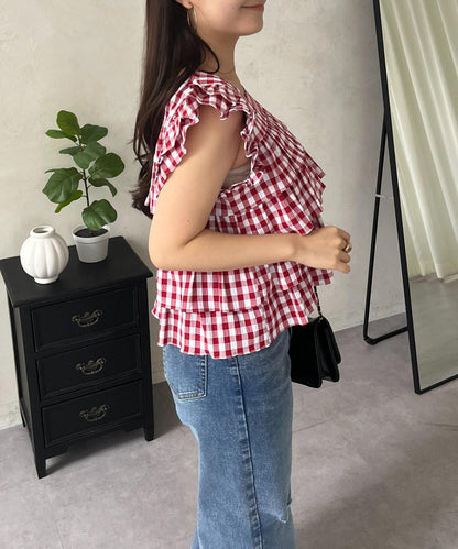 方領 層疊荷葉邊 格紋 女襯衫