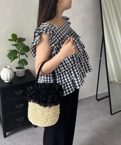 方領 層疊荷葉邊 格紋 女襯衫