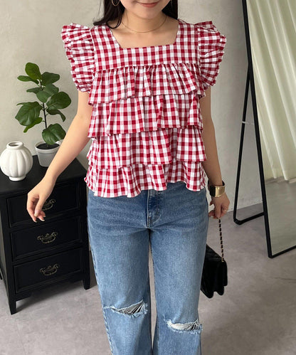 方領 層疊荷葉邊 格紋 女襯衫