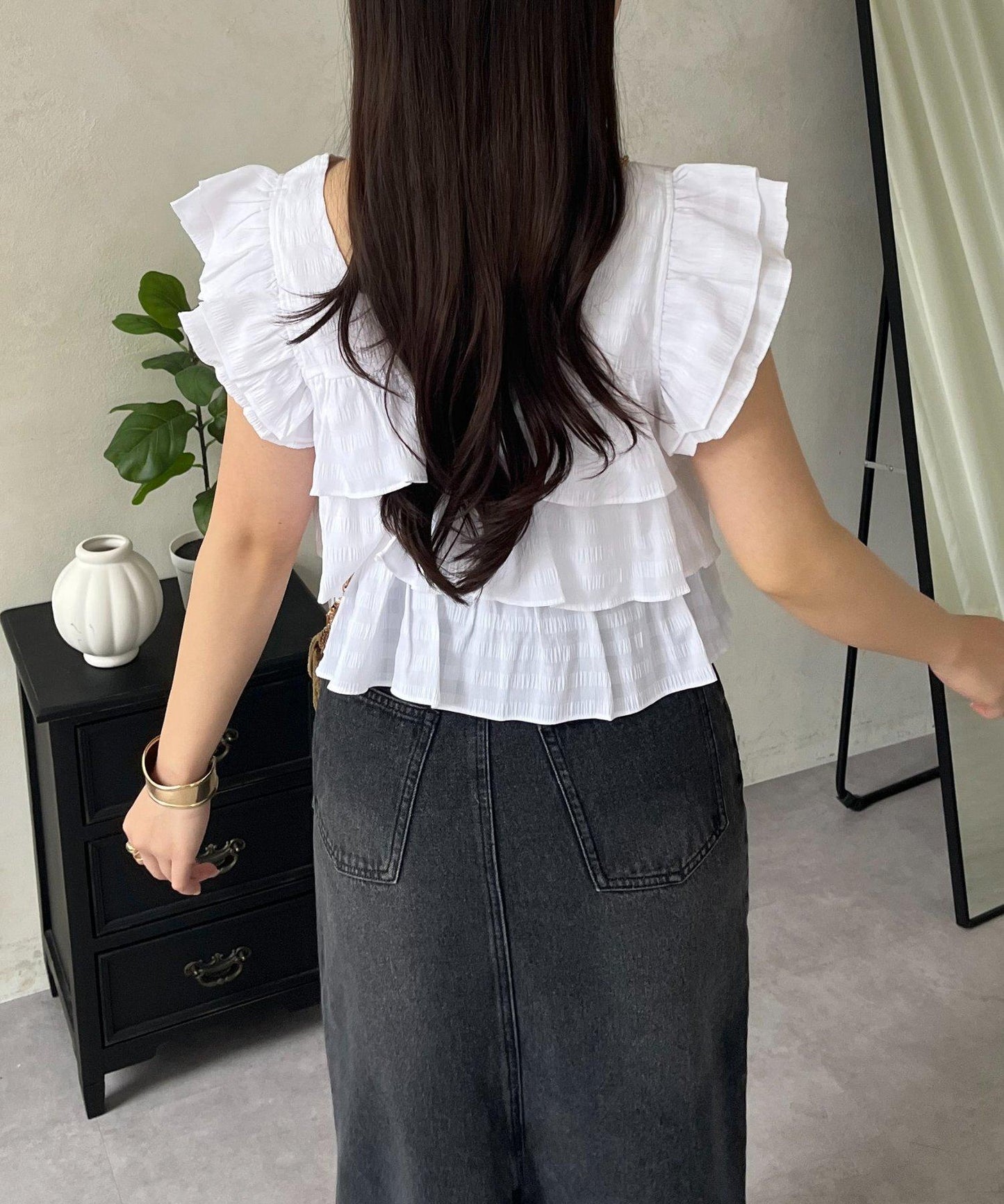 方領 層疊荷葉邊 格紋 女襯衫