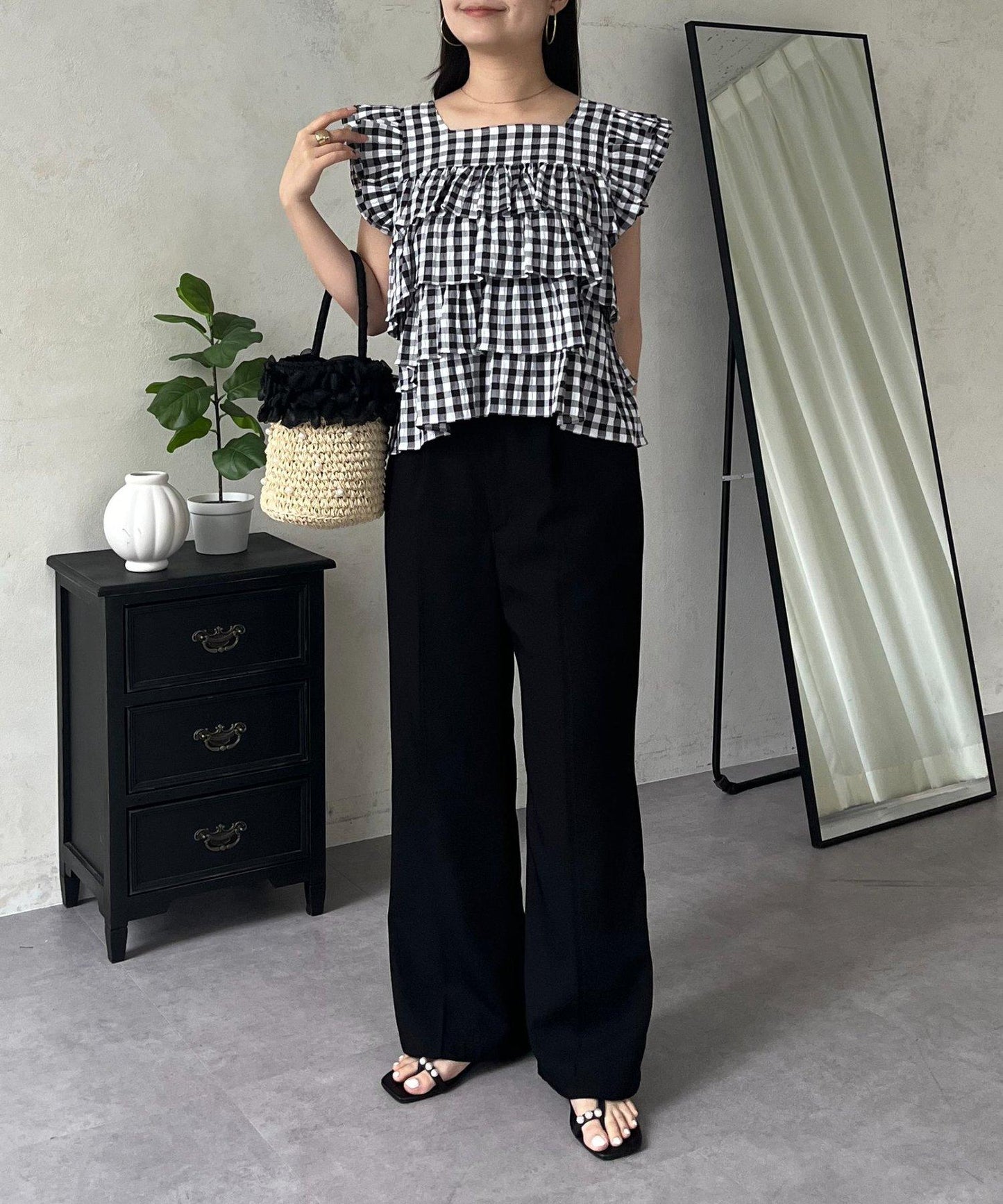 方領 層疊荷葉邊 格紋 女襯衫