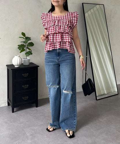方領 層疊荷葉邊 格紋 女襯衫