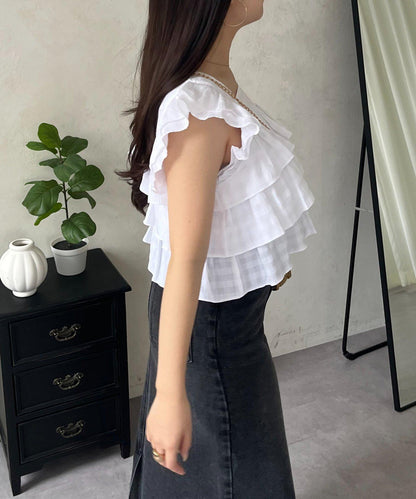 方領 層疊荷葉邊 格紋 女襯衫