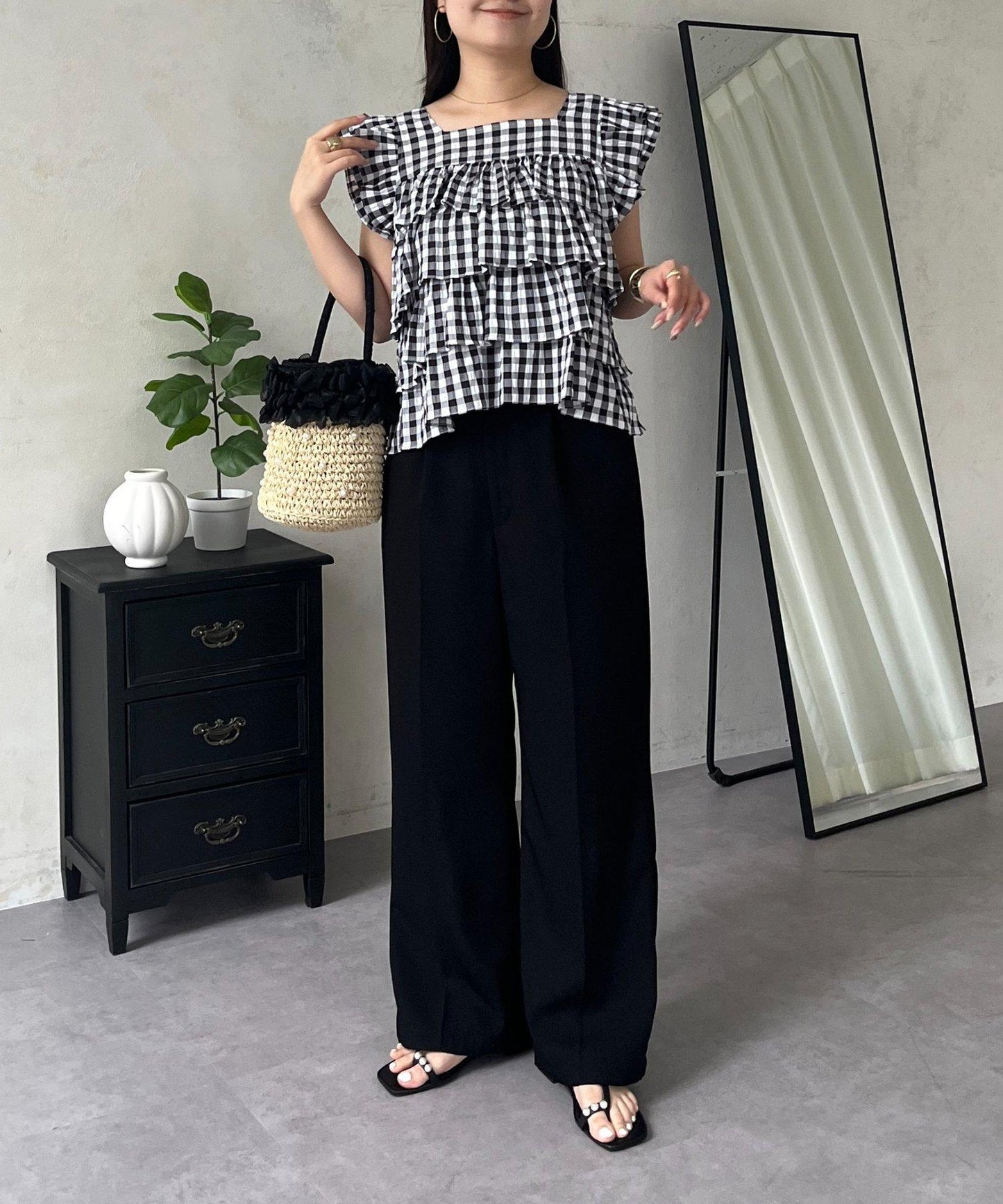 方領 層疊荷葉邊 格紋 女襯衫