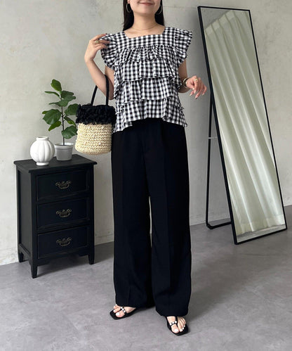 方領 層疊荷葉邊 格紋 女襯衫