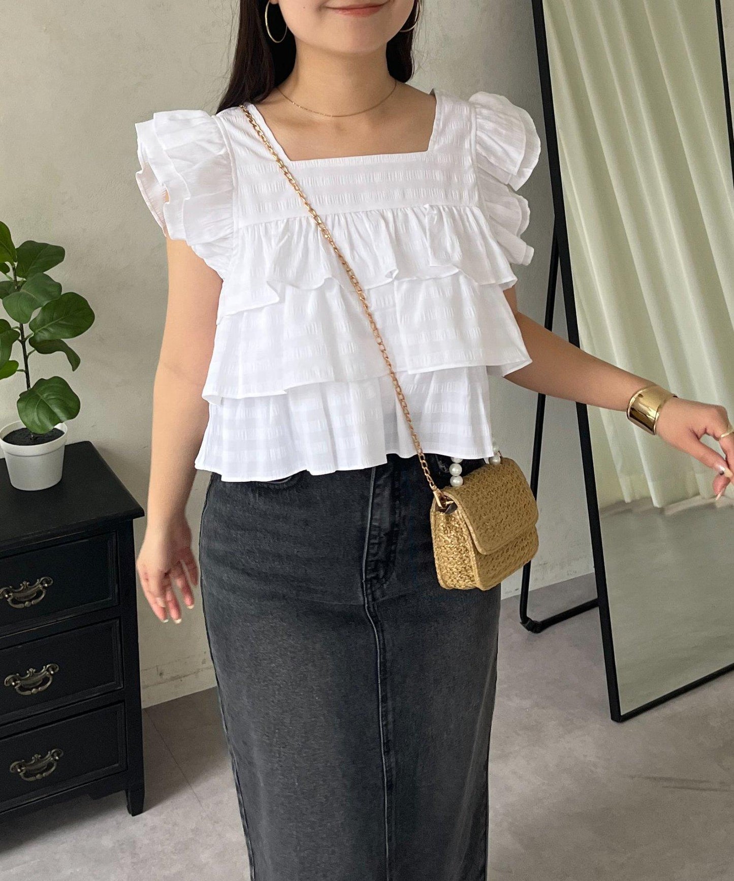 方領 層疊荷葉邊 格紋 女襯衫