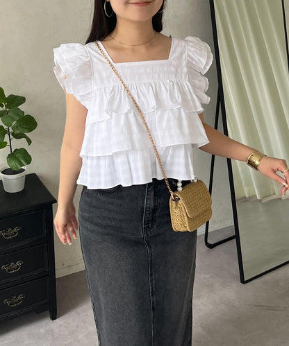 方領 層疊荷葉邊 格紋 女襯衫