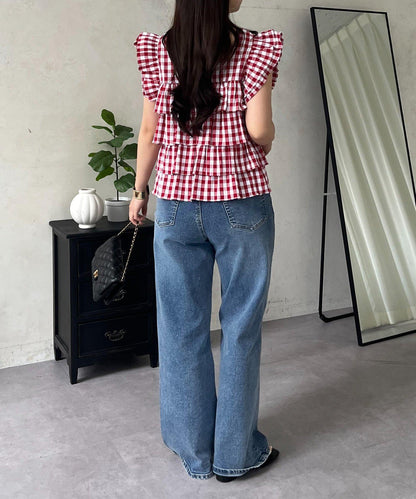 方領 層疊荷葉邊 格紋 女襯衫