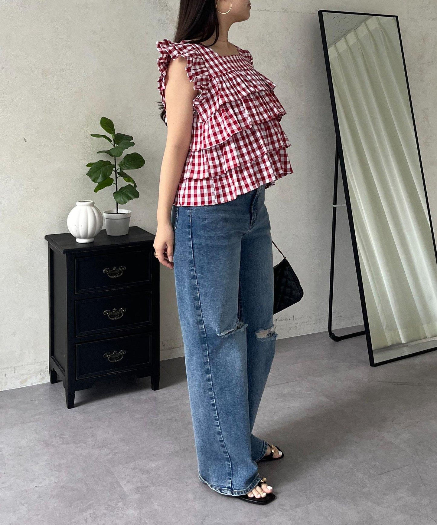 方領 層疊荷葉邊 格紋 女襯衫