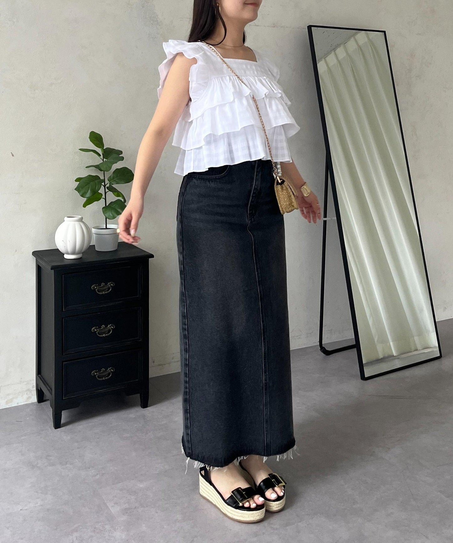 方領 層疊荷葉邊 格紋 女襯衫