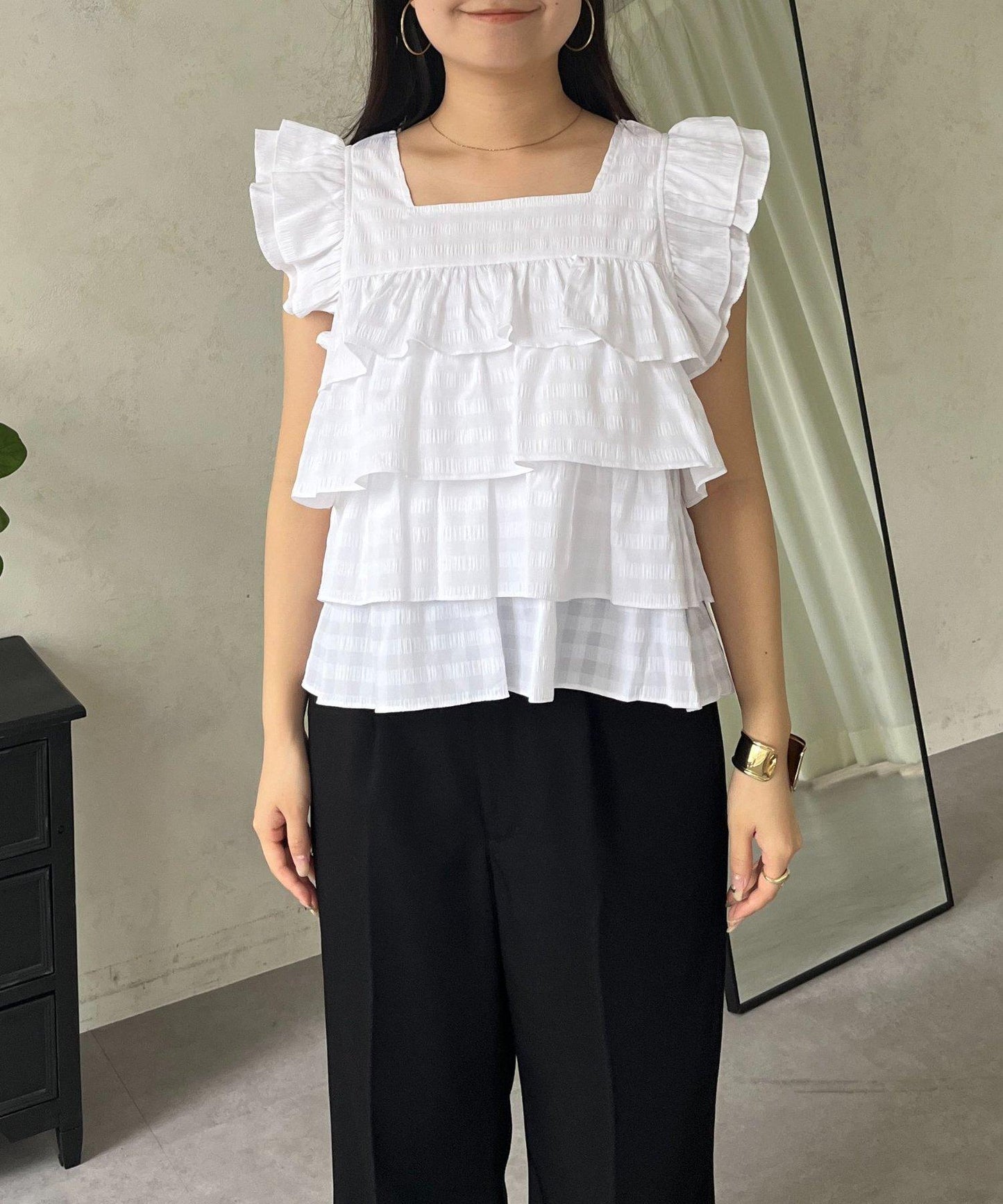 方領 層疊荷葉邊 格紋 女襯衫