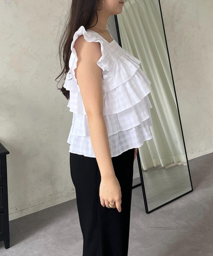 方領 層疊荷葉邊 格紋 女襯衫