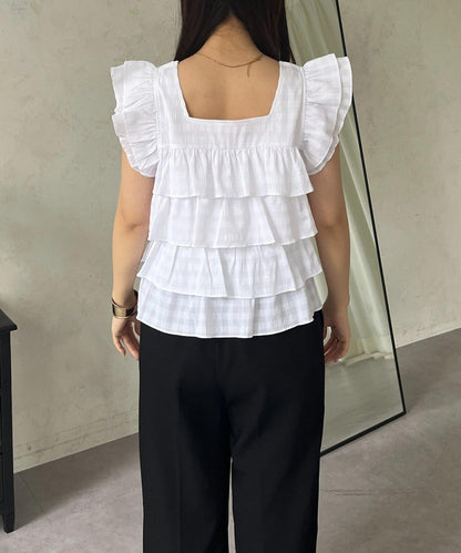 方領 層疊荷葉邊 格紋 女襯衫